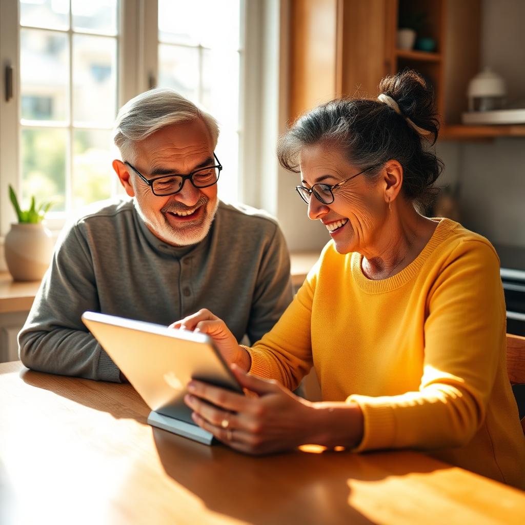 An older adult calmly handling paperwork at a kitchen table