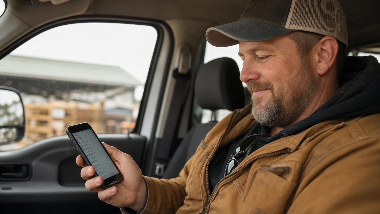 Tradesperson in a work truck looking at a phone with a satisfied expression